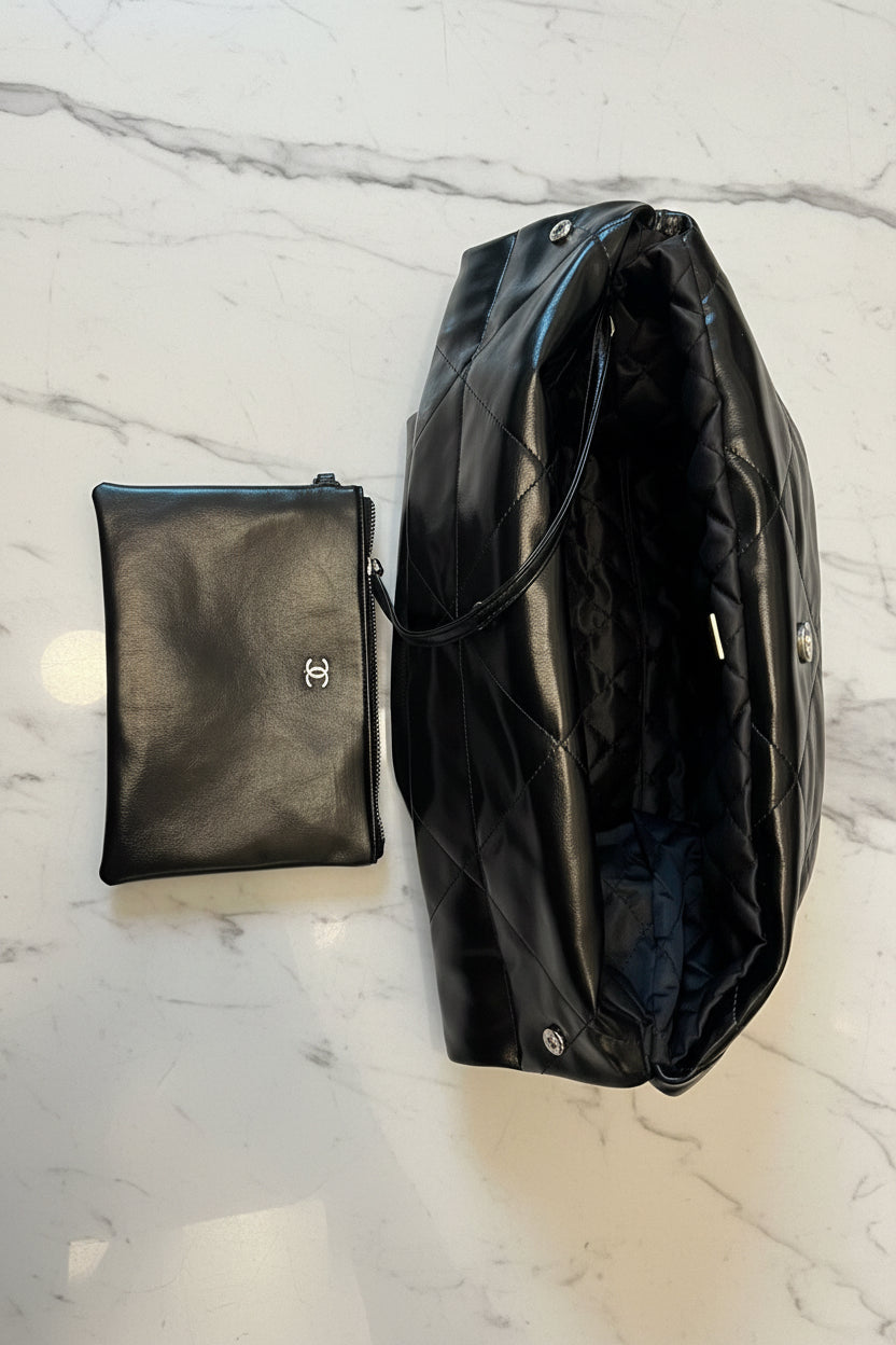 Authentic Chanel Black Quilted Leather Chain Tote Bag