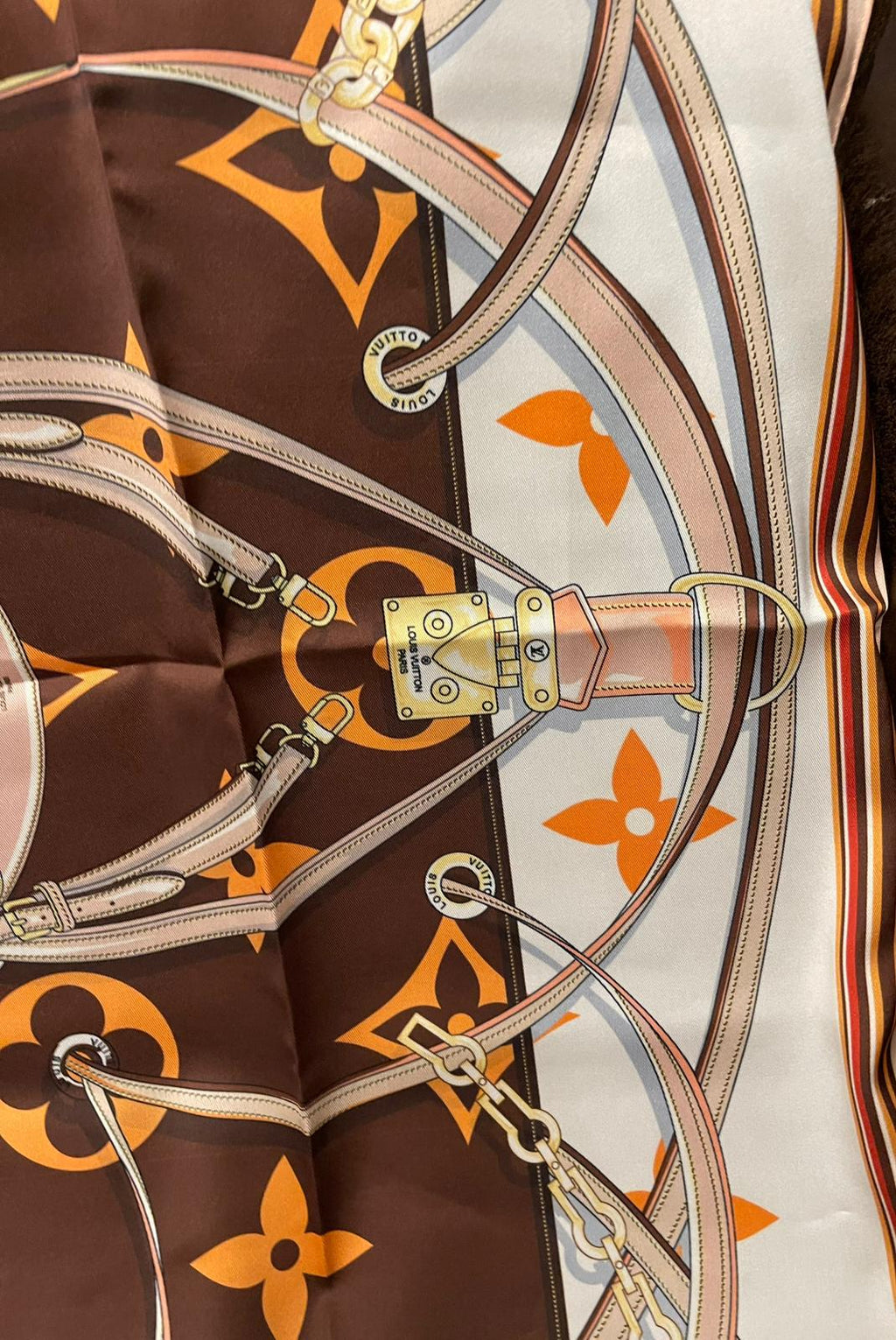 Authentic Louis Vuitton Monogram Harness Silk Square Scarf 90cm - Brown & Orange