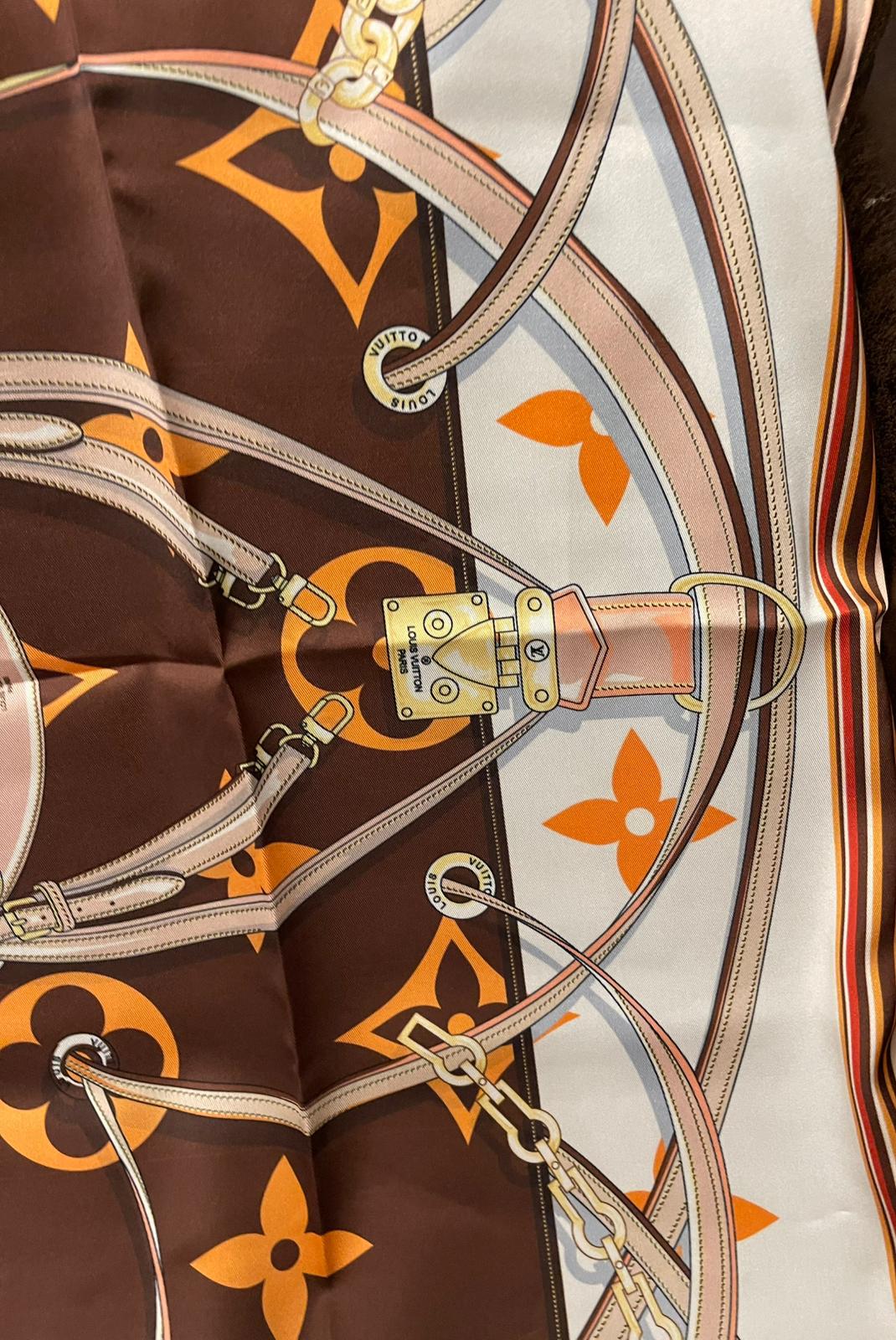Authentic Louis Vuitton Monogram Harness Silk Square Scarf 90cm - Brown & Orange