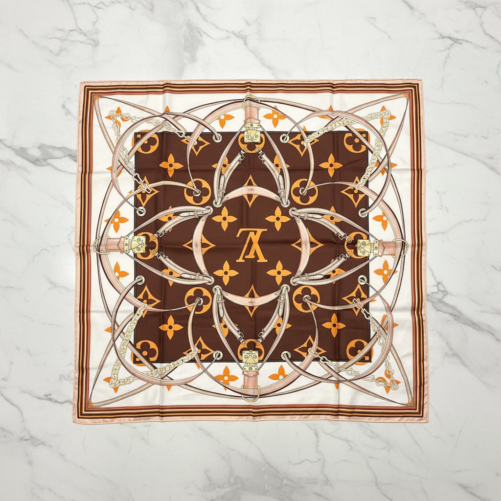 Authentic Louis Vuitton Monogram Harness Silk Square Scarf 90cm - Brown & Orange