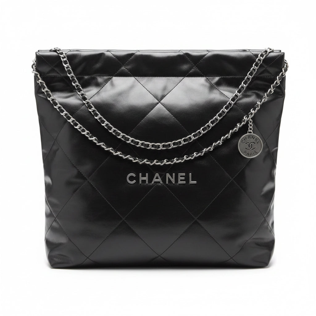 Authentic Chanel Black Quilted Leather Chain Tote Bag
