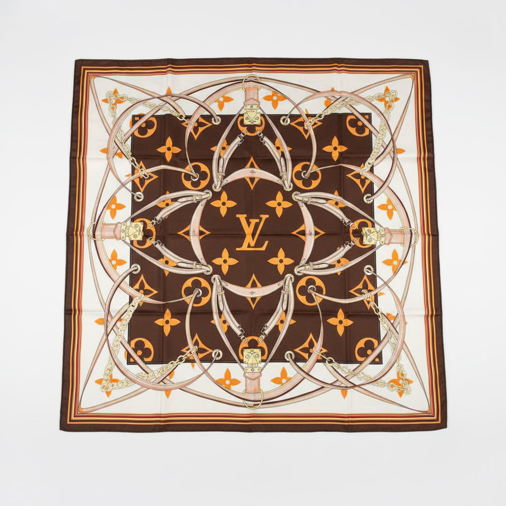 Authentic Louis Vuitton Monogram Harness Silk Square Scarf 90cm - Brown & Orange