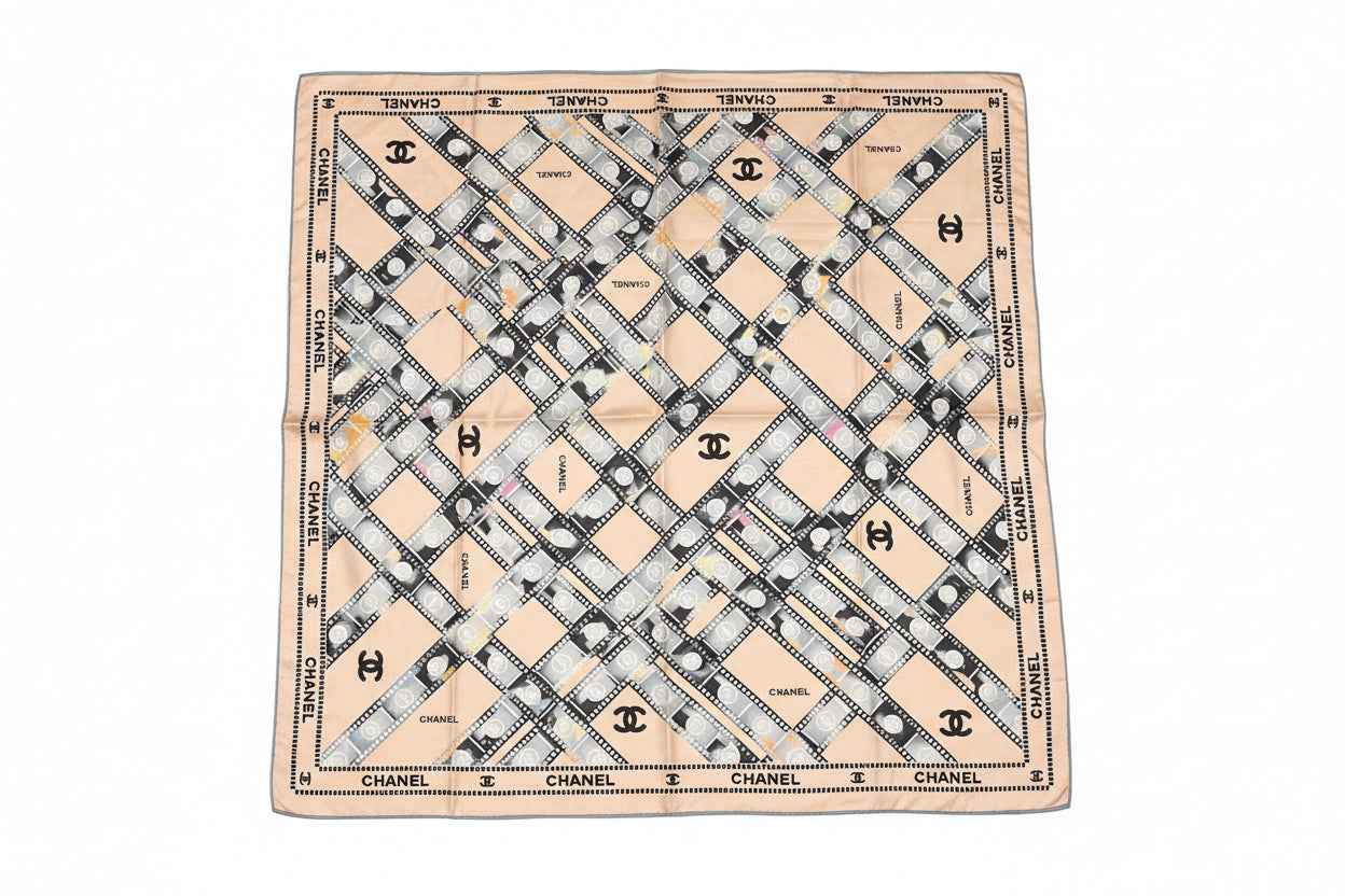 Authentic Chanel Chain-Link CC Logo Silk Square Scarf 90cm - Beige